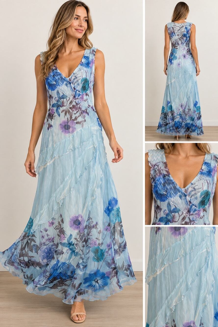 Women’s Sheer Overlay Dress Large Blue Purple Floral Ruffle Layered Maxi Long